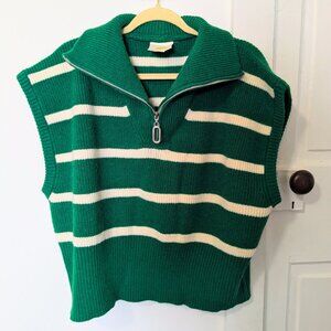 Anthropologie Maeve green and white striped pullover quarter-zip vest